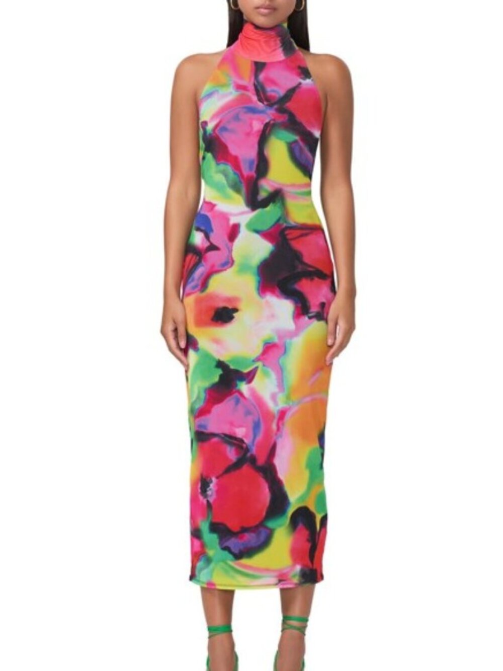 AFRM Olimpia Printed Turtleneck Mesh Halter Dress - M – SPRAY FLORAL